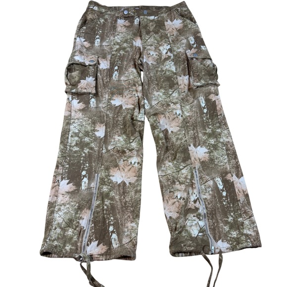 Faded Rose Pants - Y2K Faded Rose Camo Cargo Pants Brown Forest Leaf Print Wide Leg Size L Grunge